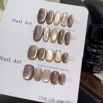 ➕最新設計款穿戴甲💅【棕菱格紋】手工輕奢金屬綫顯白暖棕菱格貓眼通懃日常高級感美甲短方圓穿戴甲 9KJB