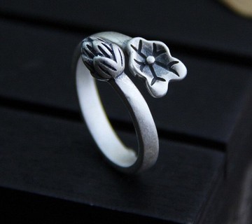 真品 S 990 純銀女式民族指環手工雕刻蓮花