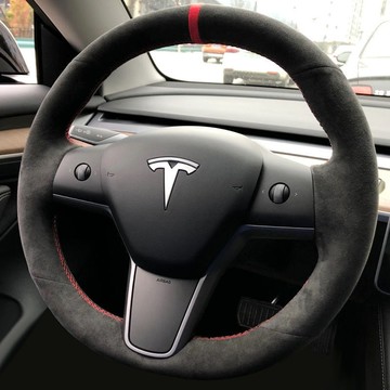 Tesla特斯拉方嚮盤套手縫翻毛皮Model 3 X Y客製真皮碳縴防滑專用把套 手縫汽車方向盤套ˇfs2
