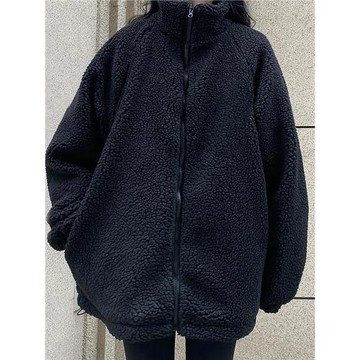 2024秋冬新款純黑色加絨加厚外套女寬松立領休閑情侶羊羔毛外套男