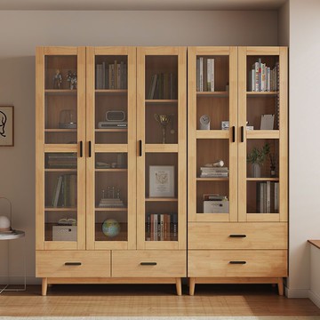 玻璃櫃 開發票 免運 北歐全實木書櫃帶玻璃門儲物櫃客廳靠墻收納櫃家用簡約組合文件櫃LL126公司貨