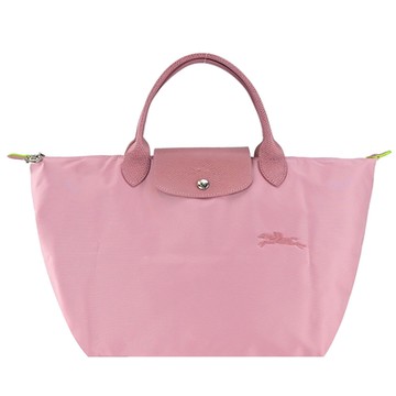 LONGCHAMP LE PLIAGE GREEN系列刺繡短把再生尼龍摺疊水餃包(中/花瓣粉)