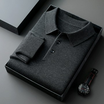 新款跨境秋冬季羊毛翻領長袖男士針織POLO衫純色中年打底毛衣男裝鑫弘-衣錦男裝