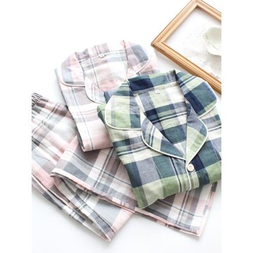 經典大氣~春秋情侶長袖睡衣睡褲 男女純棉格子家居服前扣套裝秋季