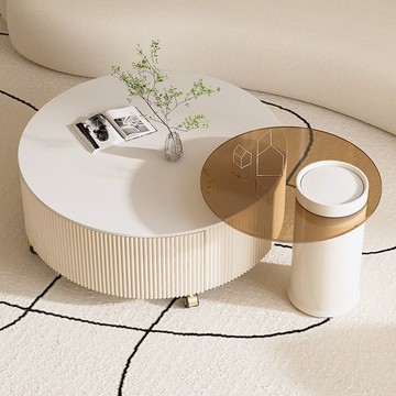 奶油風巖板圓形茶幾客廳家用簡約現代小戶型輕奢網紅可移動小茶臺