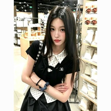 【修身學院風】女裝 美式 波點 假兩件 POLO領 短袖 T恤 夏季 設計感 小眾 上衣 潮 短袖上衣