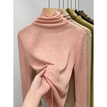 高領針織打底衫女秋冬高級感修身內搭上衣2024新款長袖粉色毛衣