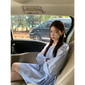 韓系設計感氣質圓領清爽條紋連衣裙2025冬季新款寬松甜美防曬裙子