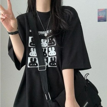 Vuja de 純棉 t恤 短袖上衣女 兔子印花 T恤 韓國上衣 oversize T恤 寬鬆上衣 ins風 潮流衣服
