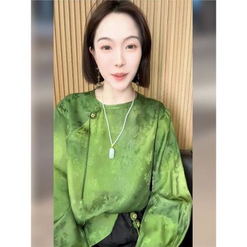 新中式國風復古綠色上衣女2025早秋新款唐裝高端宋錦長袖內搭襯衫