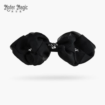 美菲麥天然珍珠水晶麻花歐根紗高級黑蝴蝶結發卡夾女超仙高端發飾