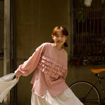 多層荷葉設計條紋中山領襯衫 兩色售