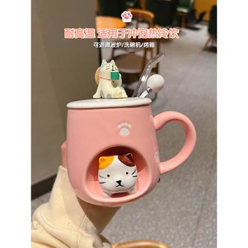 可愛立體卡通豬豬窗口帶蓋勺馬克杯創意情侶喝水辦公室陶瓷水杯子