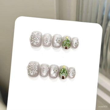 💟加一手工甲💅🏻藝禾穿戴甲【聖誕雪景】閃亮雪花拚鑽清冷貓眼聖誕氛圍手工穿戴甲純手工穿戴甲 ORNZ