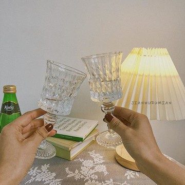 ins法式優雅高腳杯香檳杯玻璃酒杯果汁杯透明浮雕冷飲杯