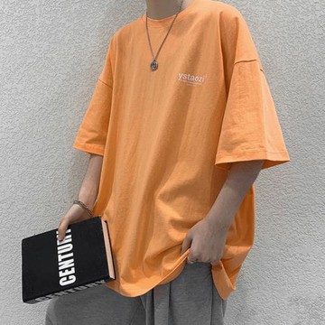 橘色小領口t恤oversize高克重磅精梳棉短袖男設計感小眾夏季7分袖