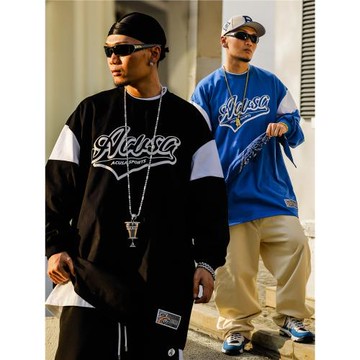 Acusa 美式嘻哈風復古手寫字體印花落肩長袖拼色T恤衛衣春秋男