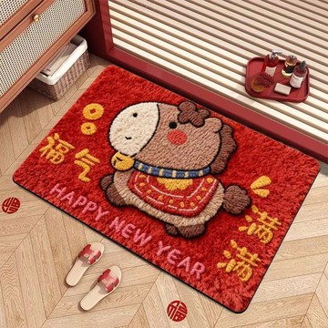 【小馬紅色入戶墊】➤ 喜慶新年卡通玄關地墊 🧨 浴室門口廁所泥地腳墊 | 入戶地毯  台灣出貨 🛒 節慶迎賓地墊推薦！