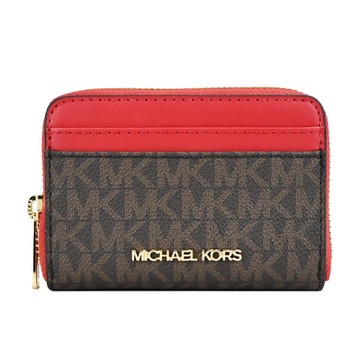 MK MICHAEL KORS JET SET滿版金字多卡零錢包-棕/紅