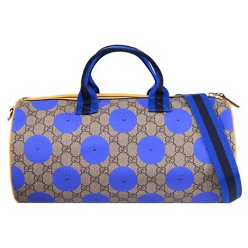GUCCI Euan Roberts聯名系列印花皮革兩用/圓筒包(駝/藍)