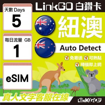 LINKGO白鑽卡 紐澳 eSIM卡 5天上網卡 每日1G 高速流量(紐澳網卡 紐西蘭 澳洲 虛擬卡)
