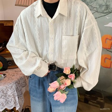 高級感法式複古鏤空長袖襯衫男秋季慵懶風小衆設計感寬鬆潮流襯衣 PXYH