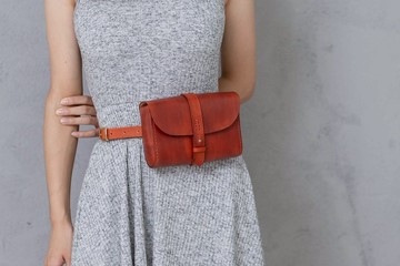 【切線派】手工真皮复古腰包小方包文艺女士皮包 棕褐色