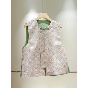 新中式真絲宋錦高端馬甲女款2025秋季新款圓領國風盤扣坎肩外穿