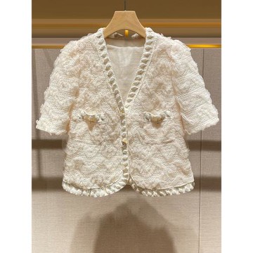 夏裝女2024年新款法式V領愛心扣網紗短袖小香風名媛氣質開衫上衣