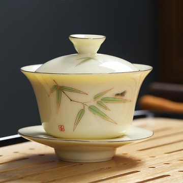 羊脂玉瓷蓋碗寶石黃描金三才碗陶瓷手工貼花泡茶杯家用大容量茶碗