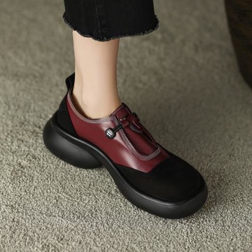 2025春新款真皮厚底圓頭紅色樂福鞋女休閑坡跟松糕底拼色懶人單鞋