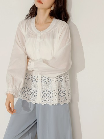 純棉圓領鏤空雕花泡泡袖上衣