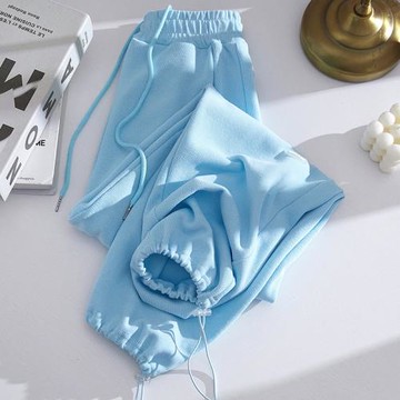 水藍色運動褲秋冬2025年新款寬松直筒休閑褲抽繩束腳兩穿春秋衛褲