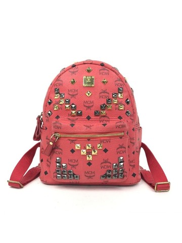 mcm 紅色 Stark Backpack 人造革鉚釘雙肩包