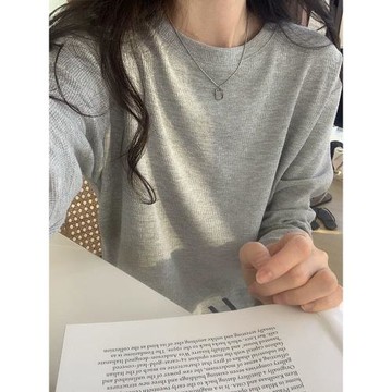 灰色華夫格寬松慵懶風寬松打底衫春季秋冬圓領長袖t恤女百搭純色