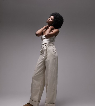 Topshop Tall high waist belted wide leg trouser with turn back hem in ecru-White