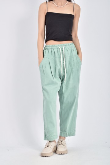 (2XL) 高腰抽繩鬆緊腰綠色長褲