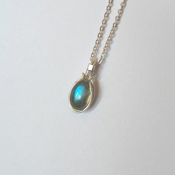 拉長石吊墜 藍色拉長石項鍊墜 純銀手工拉長石項鏈吊墜