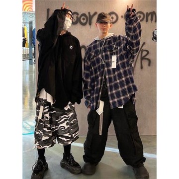 GRAILZ PROJECT格子拼接兩面穿廓形連帽寬松百搭休閑長袖襯衫外套