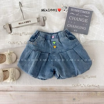 🌈✨mix1001彩色愛心🧡釦復古雪花刷色燈籠牛仔短褲✨兒童牛仔短褲5-17