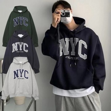 [HYC] 韓國 NYC 貼布刺繡 帽T 厚磅 落肩 寬鬆 寬版 內刷毛 情侶衣 男女皆可 韓國男裝 長袖 帽T