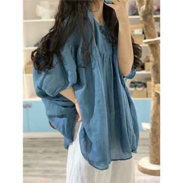 日系上衣襯衫女設計感小眾高端胖mm大碼女裝夏季文藝寬松復古t恤