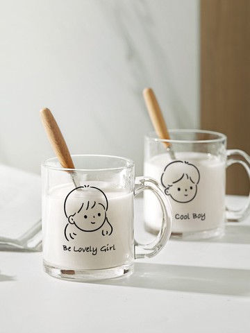 情侶透明玻璃杯一對帶把勺牛奶早餐杯子ins高顏值家用可愛水杯女