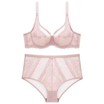 超薄款透視網紗性感蕾絲文胸套裝大胸顯小全罩杯收副乳內衣高腰夏