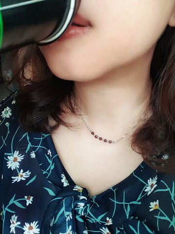 繫戀。天然石榴石X日光石白鋼項鍊 鎖骨鍊 頸鍊  不怕水防過敏