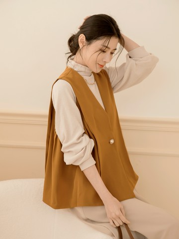 純色雪紡V領車褶A-line剪裁西裝背心