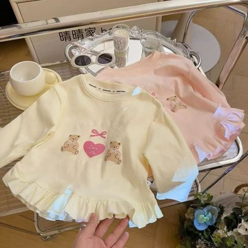 🎀臺灣出貨🎀女童長袖T恤2025春秋兒童新款寶寶花邊洋氣百搭打底衫圓領上衣 女童上衣 兒童上衣 女童長袖上衣