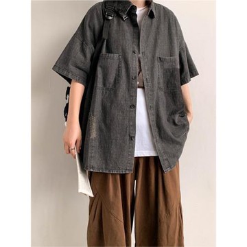 美式港風牛仔襯衫男短袖重磅潮牌水洗襯衣夏季寬松休閑五分袖外套