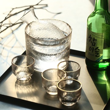 朵頤創意錘紋玻璃杯日式清酒壺溫酒壺金邊酒杯酒缸餐廳杯壺套裝1入