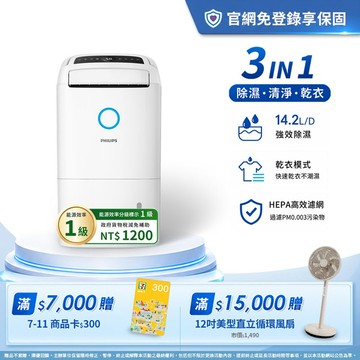 ★送2年份濾網+享節能補助$1200★飛利浦 14.2L抗敏清淨除濕機-雲朵白(DE5306/80)-適用18坪